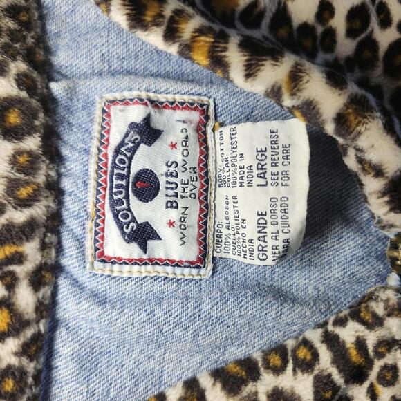 SOLUTIONS Blues Denim Vest with Leopard Print Collar L - Picture 3 of 6